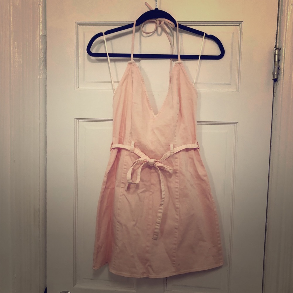 Baby Pink Denim Mini Halter Dress